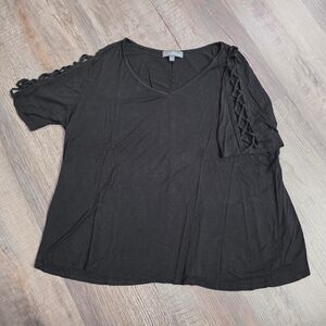 Love Delirious Black V-Neck Top Womens 3X Macrame Cut Out Sleeve Blouse